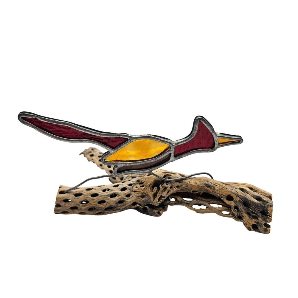 Vtg Stained Glass Roadrunner Sculpture Cholla Wood MCM Desert Bird Figurine Art